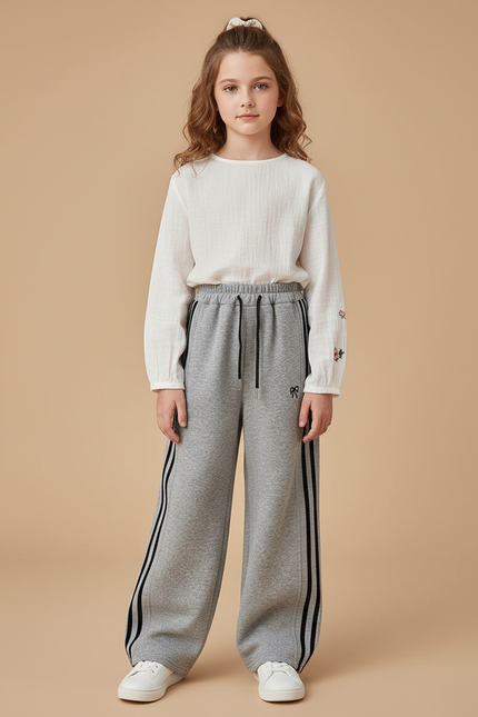 Pantalon Baggy Gris Sport Rayures Ample Fille - Molleton