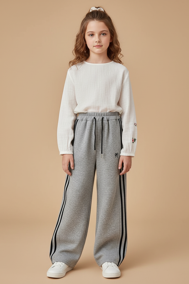 Pantalon Baggy Gris Sport Rayures Ample Fille - Molleton