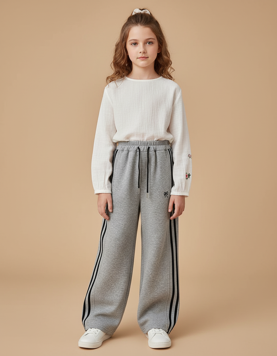 Pantalon Baggy Gris Sport Rayures Ample Fille - Molleton