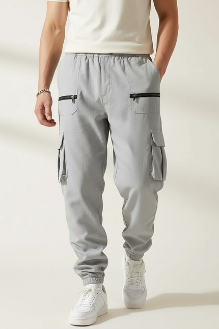 Pantalon Baggy Gris Cargo Zippé Cordon Fluide - Coton