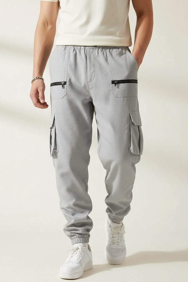 Pantalon Baggy Gris Cargo Zippé Cordon Fluide - Coton