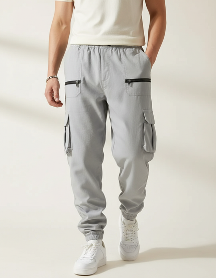 Pantalon Baggy Gris Cargo Zippé Cordon Fluide - Coton