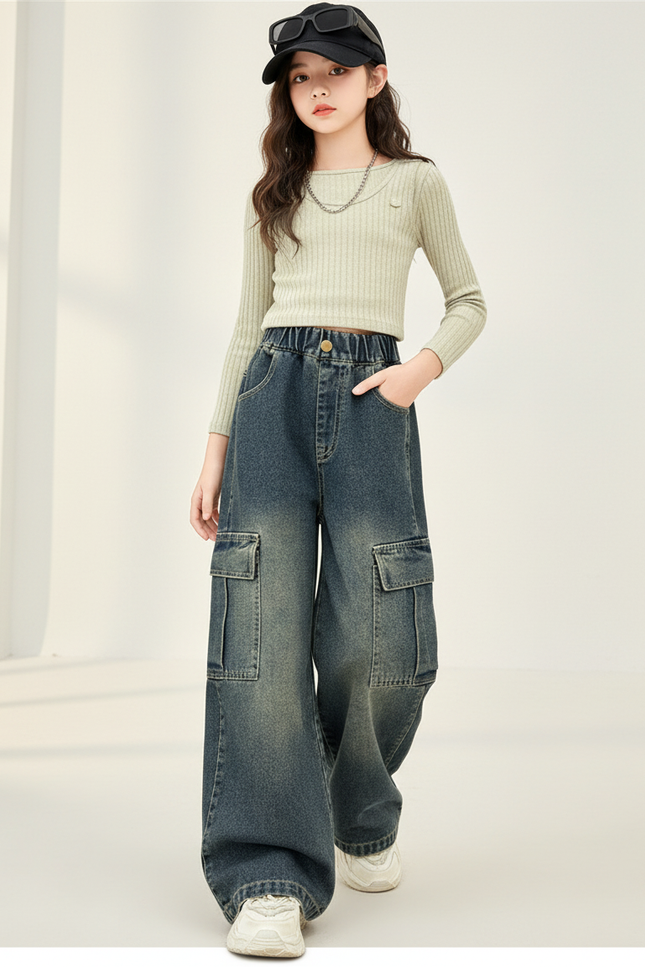 Pantalon Baggy Jean Cargo Délavé Ample Fille - Bleu