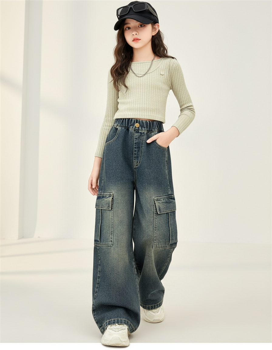 Pantalon Baggy Jean Cargo Délavé Ample Fille - Bleu