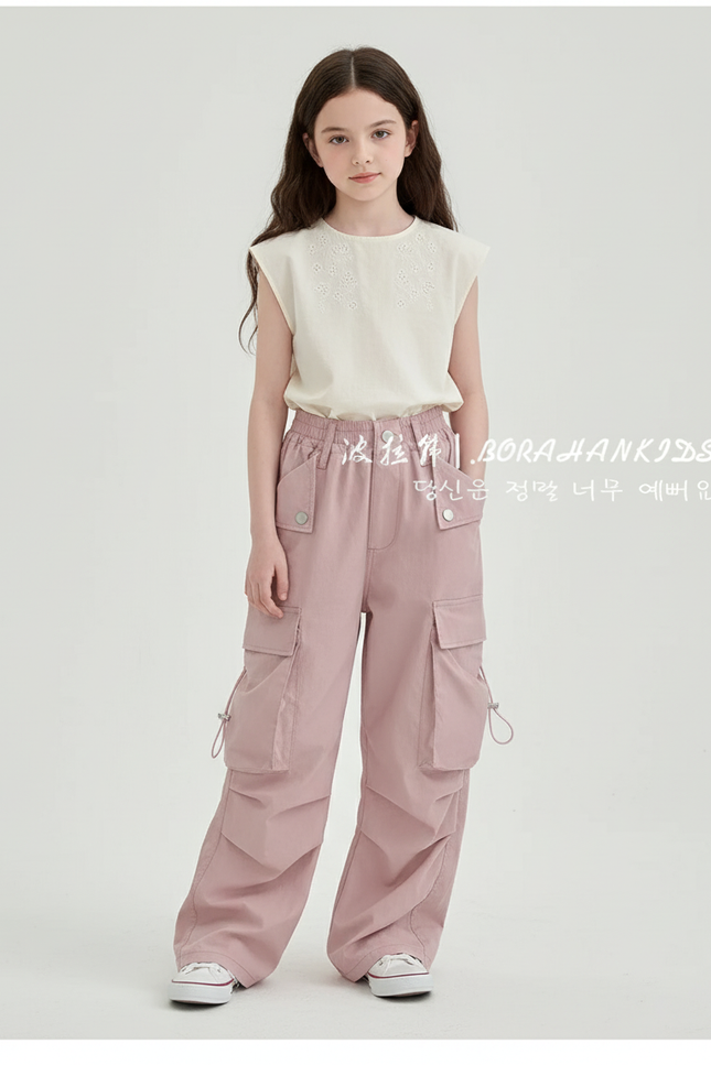 Pantalon Baggy Cargo Rose Ample Taille Haute Fille - Gabardine