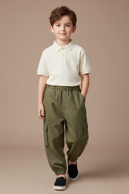 Pantalon Baggy Cargo Vert Olive Garçon Décontracté - Kaki Toile