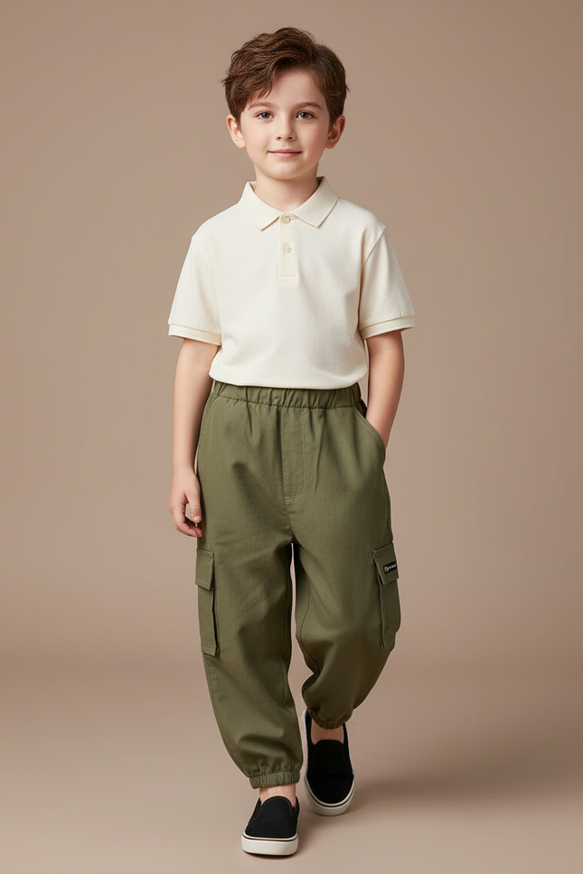 Pantalon Baggy Cargo Vert Olive Garçon Décontracté - Kaki Toile