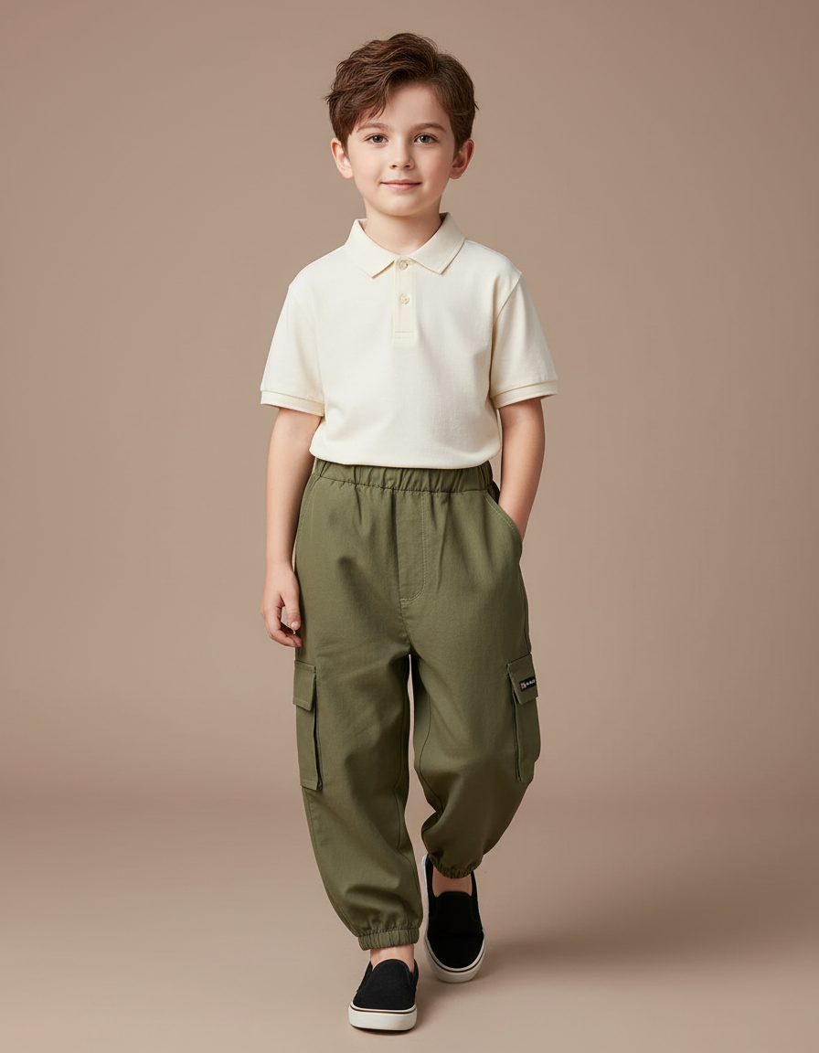 Pantalon Baggy Cargo Vert Olive Garçon Décontracté - Kaki Toile