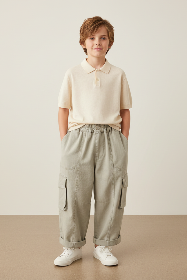 Pantalon Baggy Kaki Cargo Ample Coton Garçon Décontracté