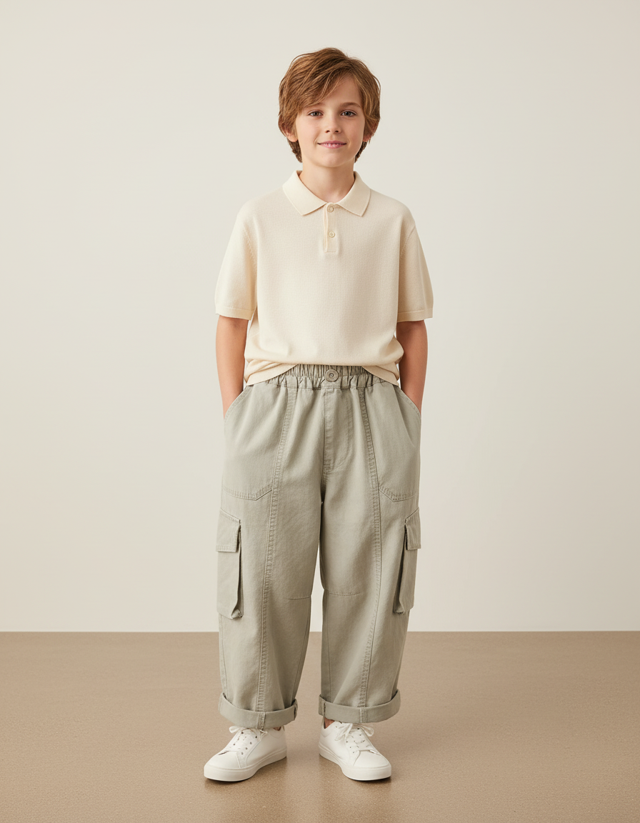 Pantalon Baggy Kaki Cargo Ample Coton Garçon Décontracté