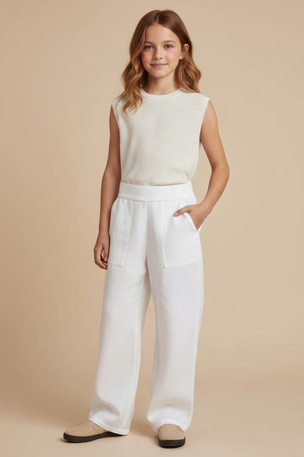 Pantalon Baggy Blanc Lin Ample Fille Décontracté