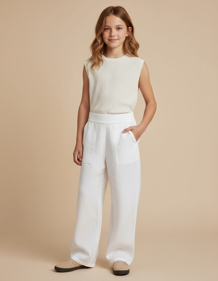 Pantalon Baggy Blanc Lin Ample Fille Décontracté
