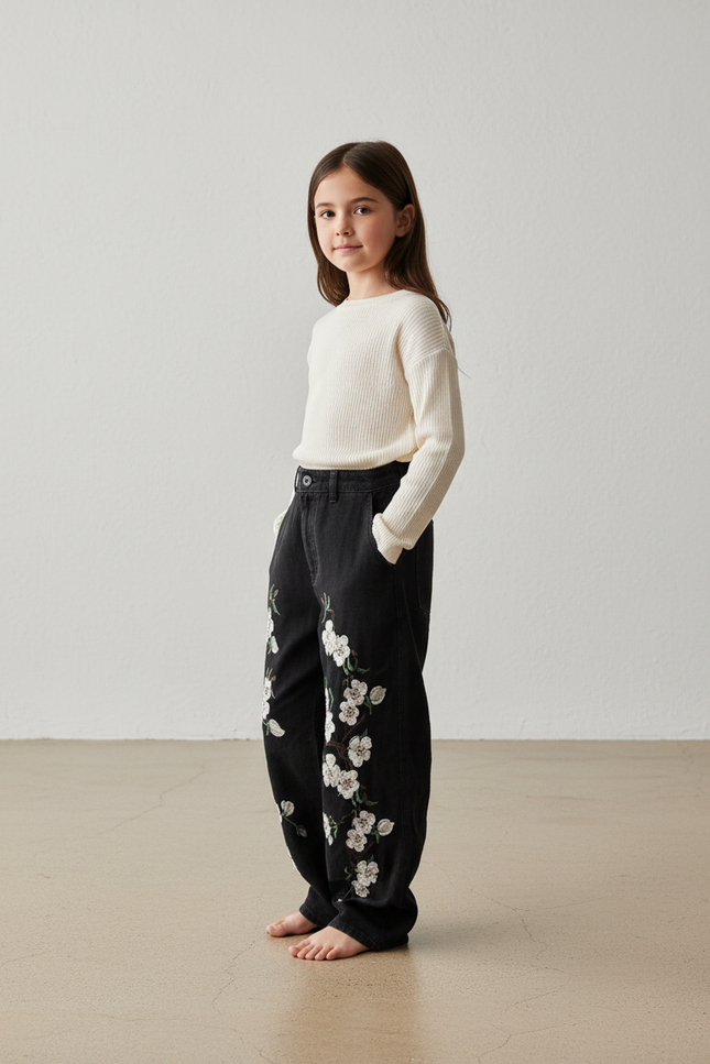 Pantalon Baggy Noir Brodé Floral Ample Enfant - Jean
