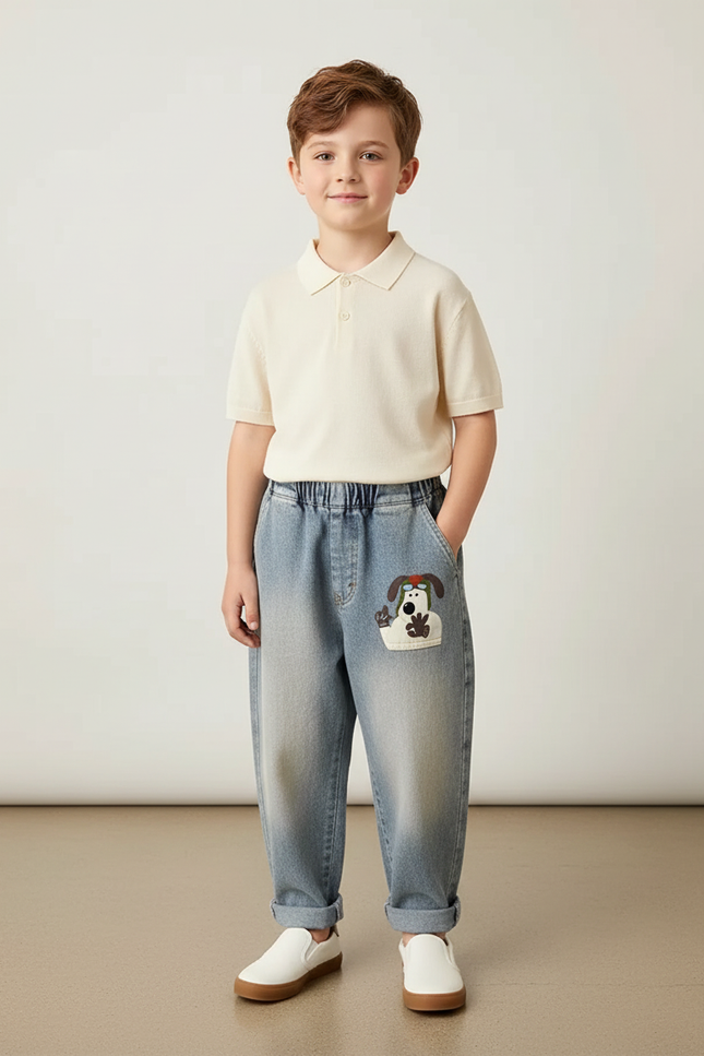 Pantalon Baggy Jean Bleu Délavé Ample Brodé