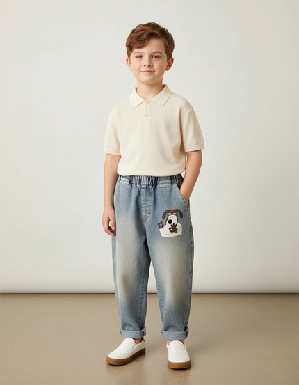 Pantalon Baggy Jean Bleu Délavé Ample Brodé