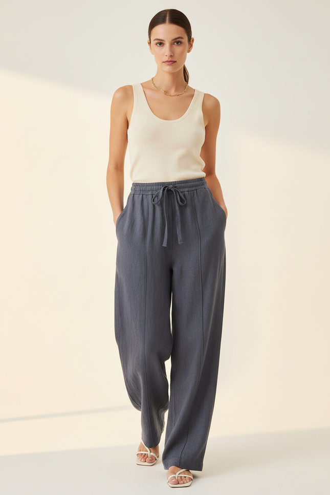 Pantalon Baggy Gris Fluide Décontracté Cordon - Lin
