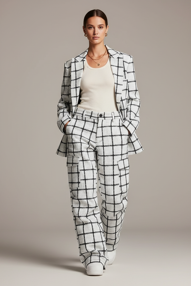 Pantalon Baggy Blanc Noir Carreaux Ample Chic Femme - Multicolore Tweed
