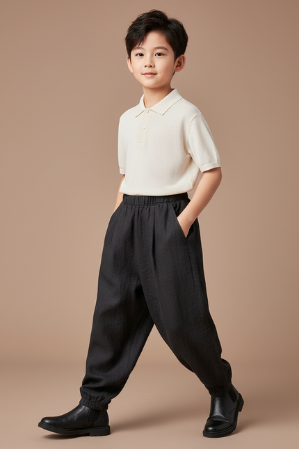 Pantalon Baggy Noir Lin Ample Plissé Garçon