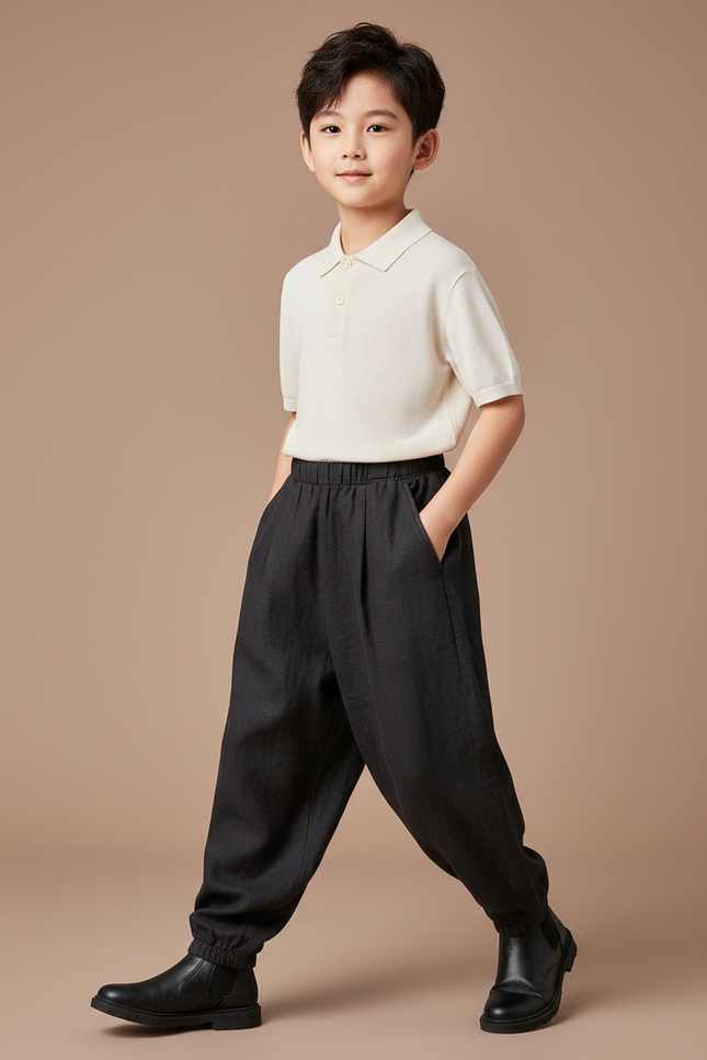 Pantalon Baggy Noir Lin Ample Plissé Garçon