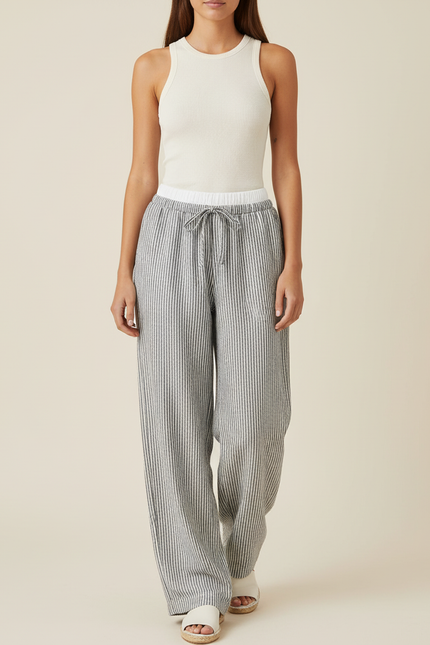 Pantalon Baggy Gris Rayé Fluide Ample Décontracté - Lin
