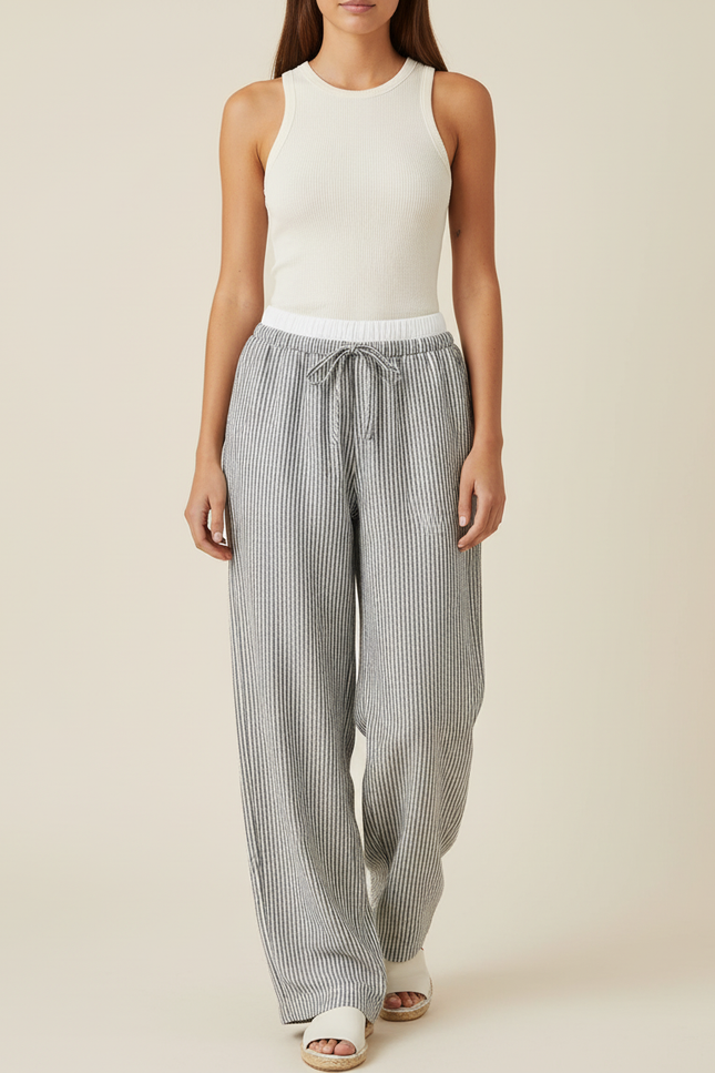 Pantalon Baggy Gris Rayé Fluide Ample Décontracté - Lin