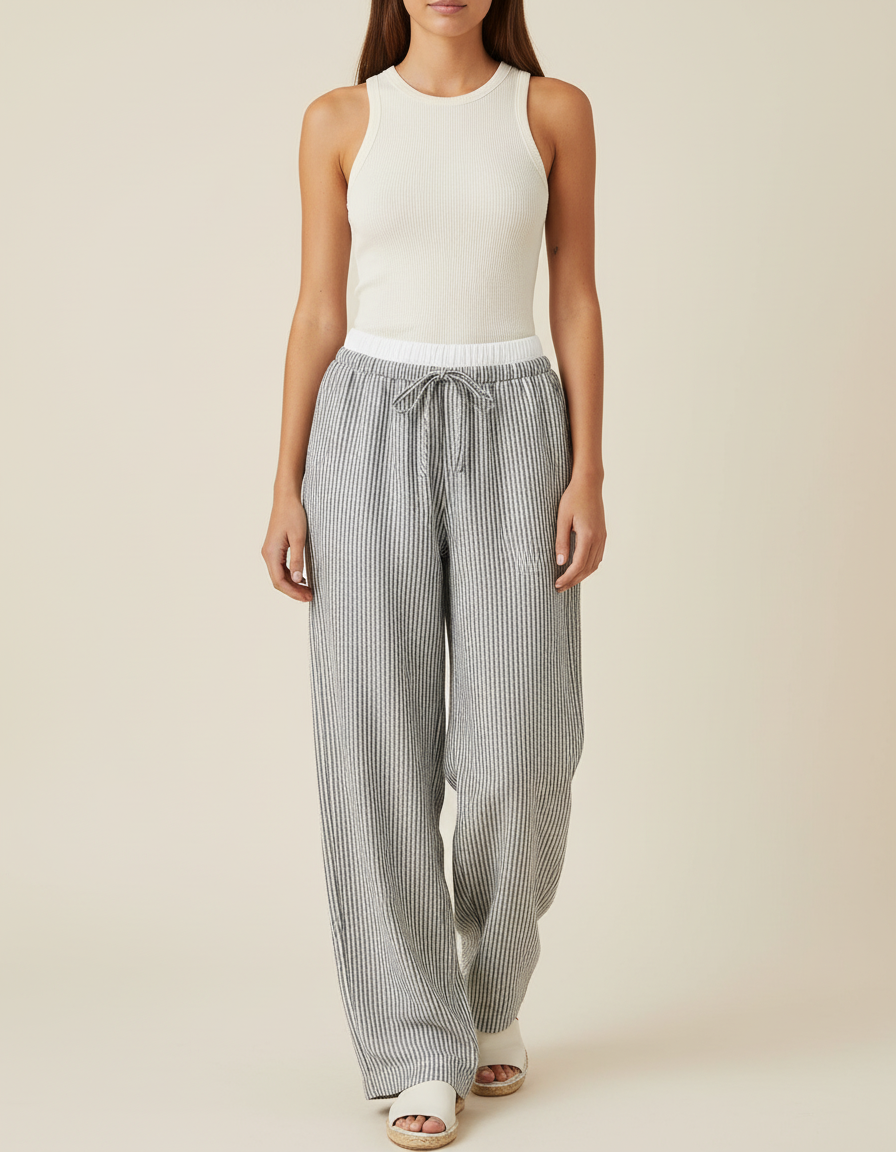 Pantalon Baggy Gris Rayé Fluide Ample Décontracté - Lin