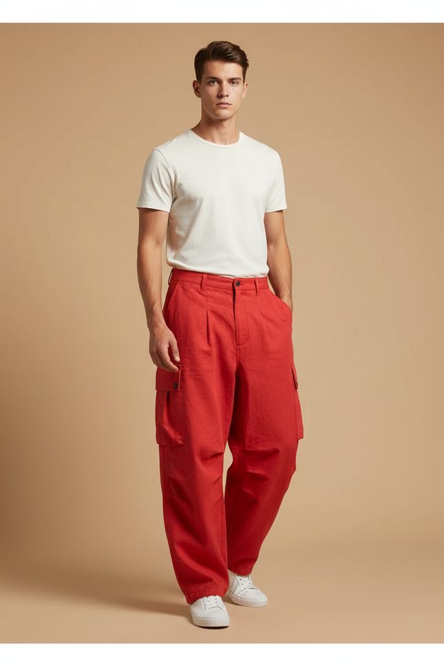 Pantalon Baggy Rouge Cargo Ample Lin Homme