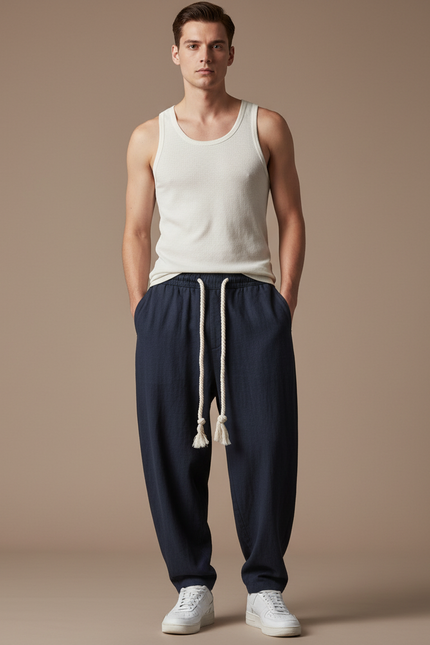 Pantalon Baggy Homme Bleu Marine Parachute - Lin