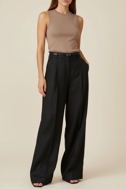 Pantalon Baggy Noir Lin Plissé Fluide Femme