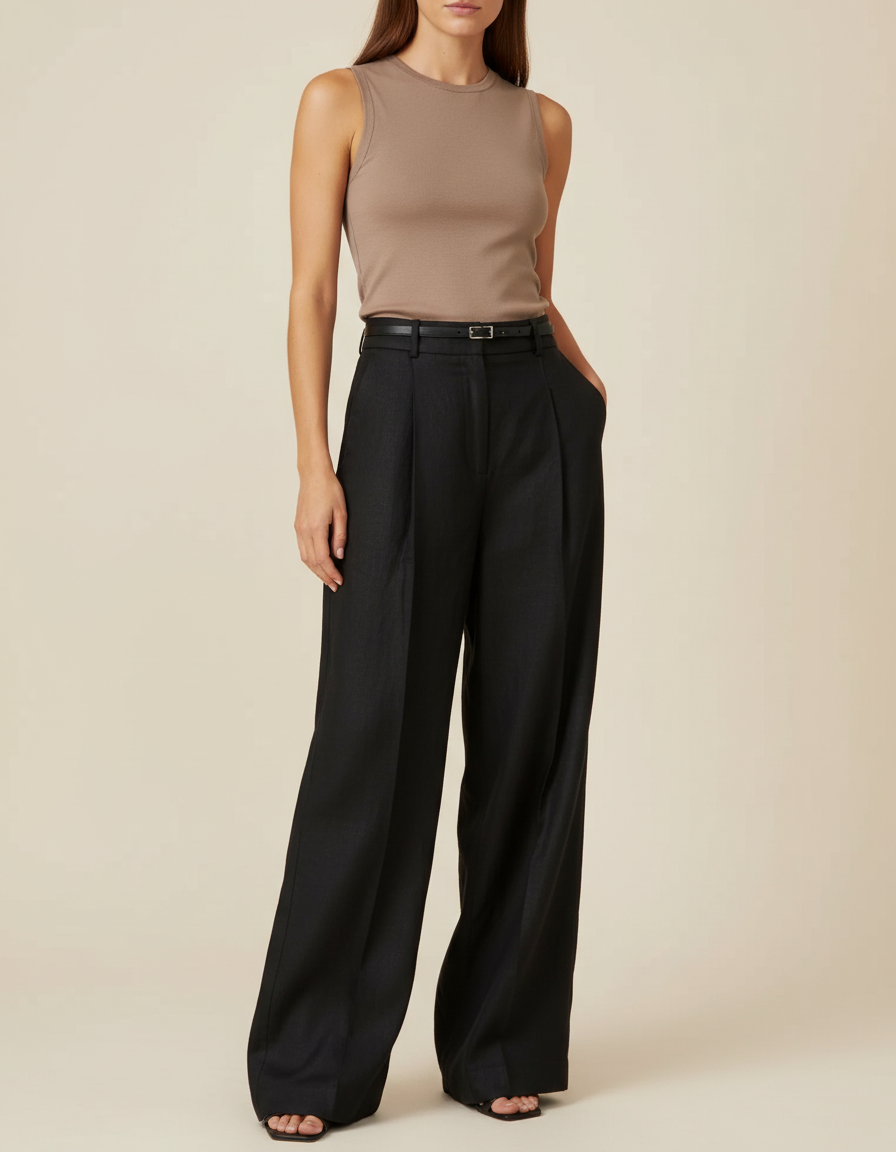 Pantalon Baggy Noir Lin Plissé Fluide Femme