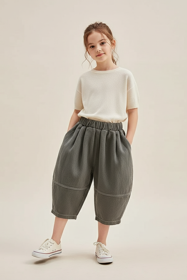 Pantalon Baggy Gris Ample Plissé Décontracté Enfant - Kaki Toile