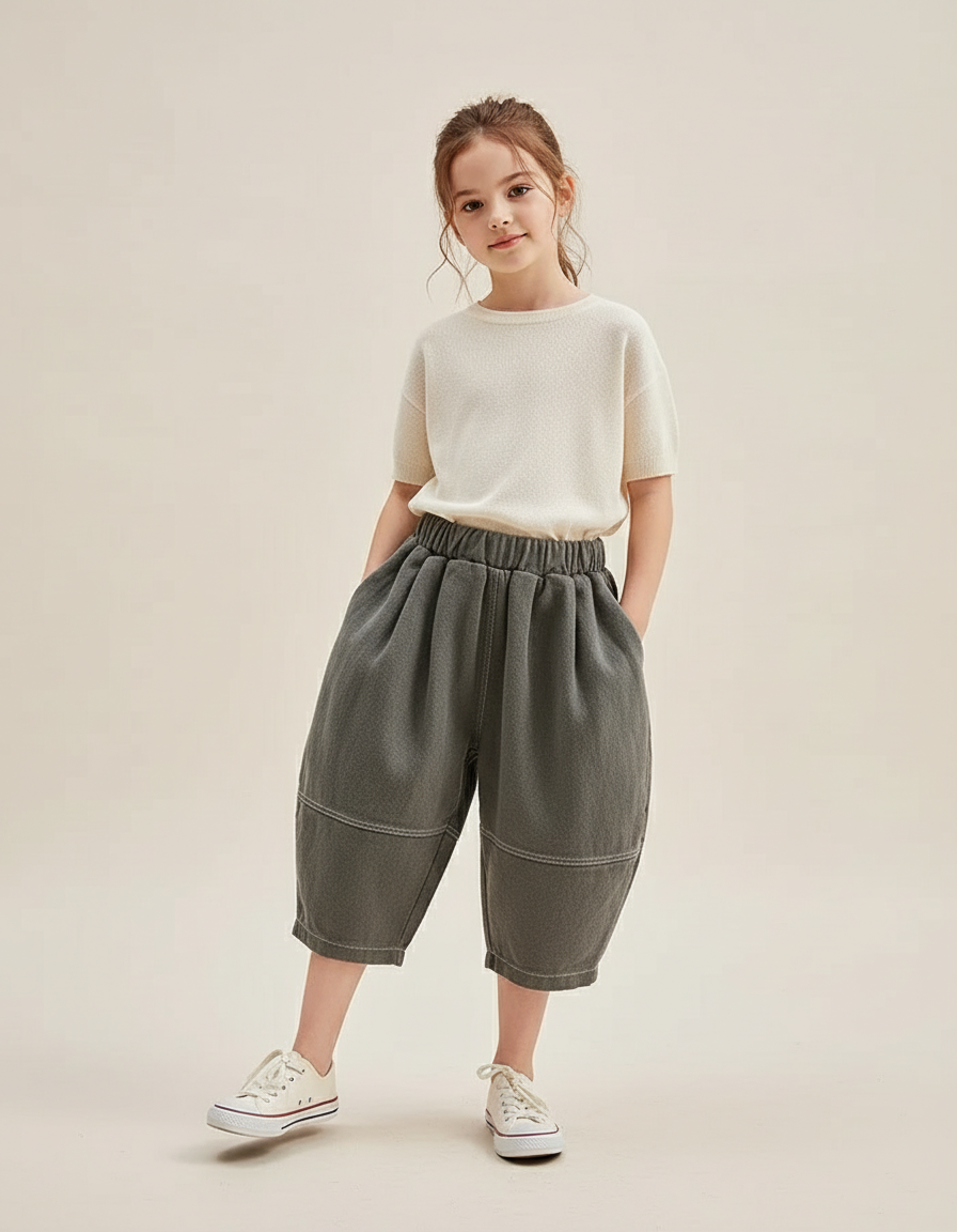 Pantalon Baggy Gris Ample Plissé Décontracté Enfant - Kaki Toile