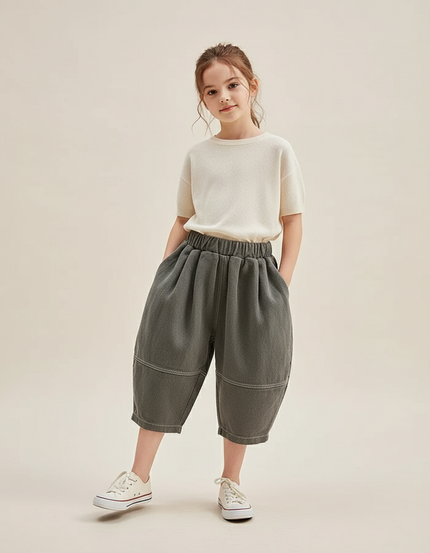 Pantalon Baggy Gris Ample Plissé Décontracté Enfant - Kaki Toile