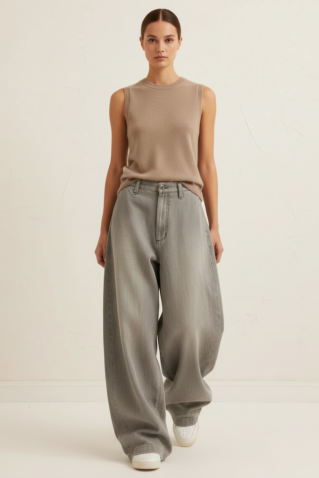 Pantalon Baggy Gris Ample Décontracté Denim Femme - Jean