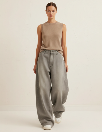 Pantalon Baggy Gris Ample Décontracté Denim Femme - Jean