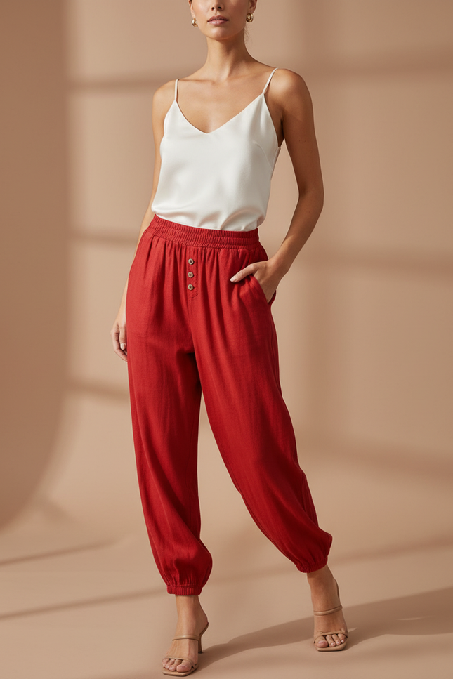 Pantalon Baggy Rouge Lin Fluide Décontracté Femme