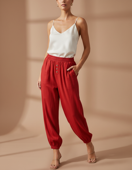 Pantalon Baggy Rouge Lin Fluide Décontracté Femme