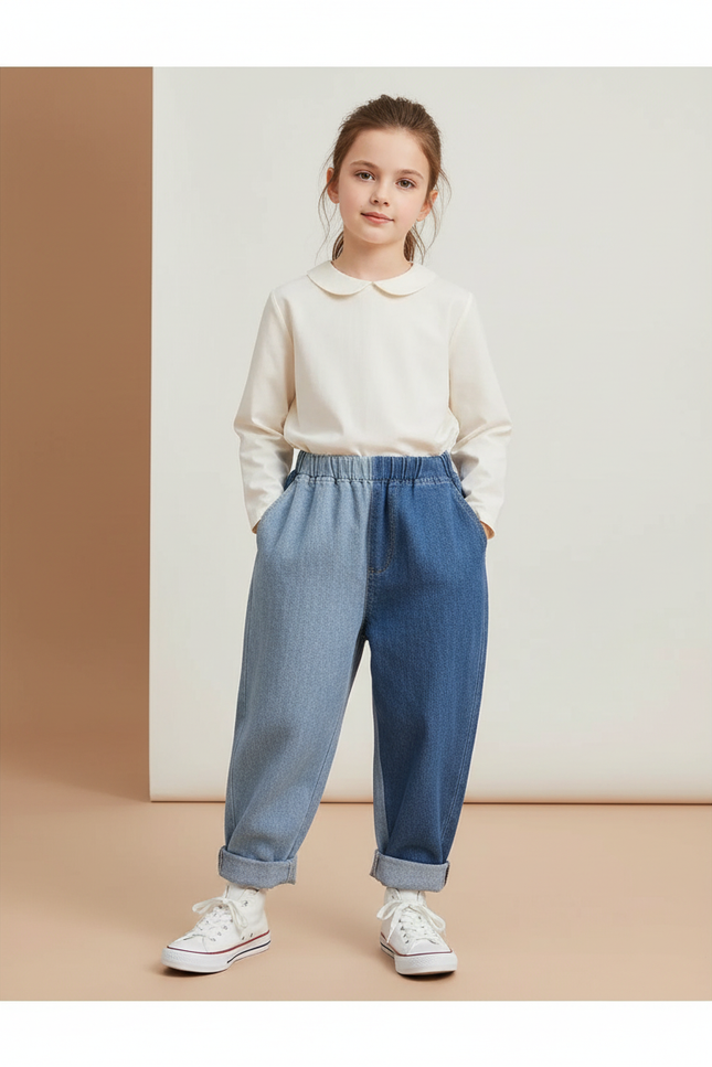 Pantalon Baggy Denim Bicolore Ample Décontracté Enfant - Multicolore Jean
