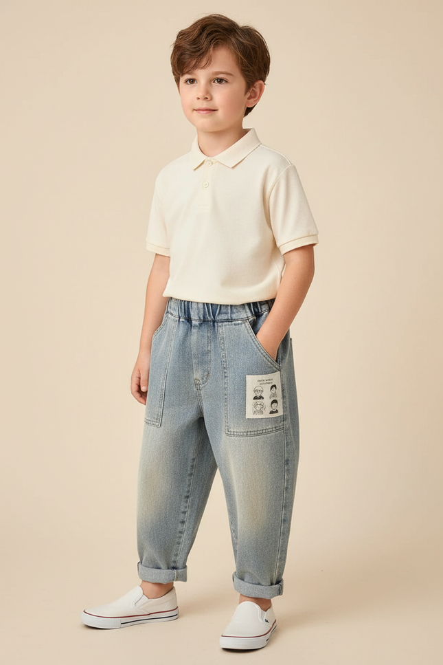Pantalon Baggy Jean Bleu Délavé Ample Décontracté Garçon