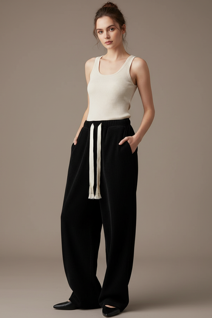 Pantalon Baggy Noir Côtelé Large Décontracté Cordon - Cordé