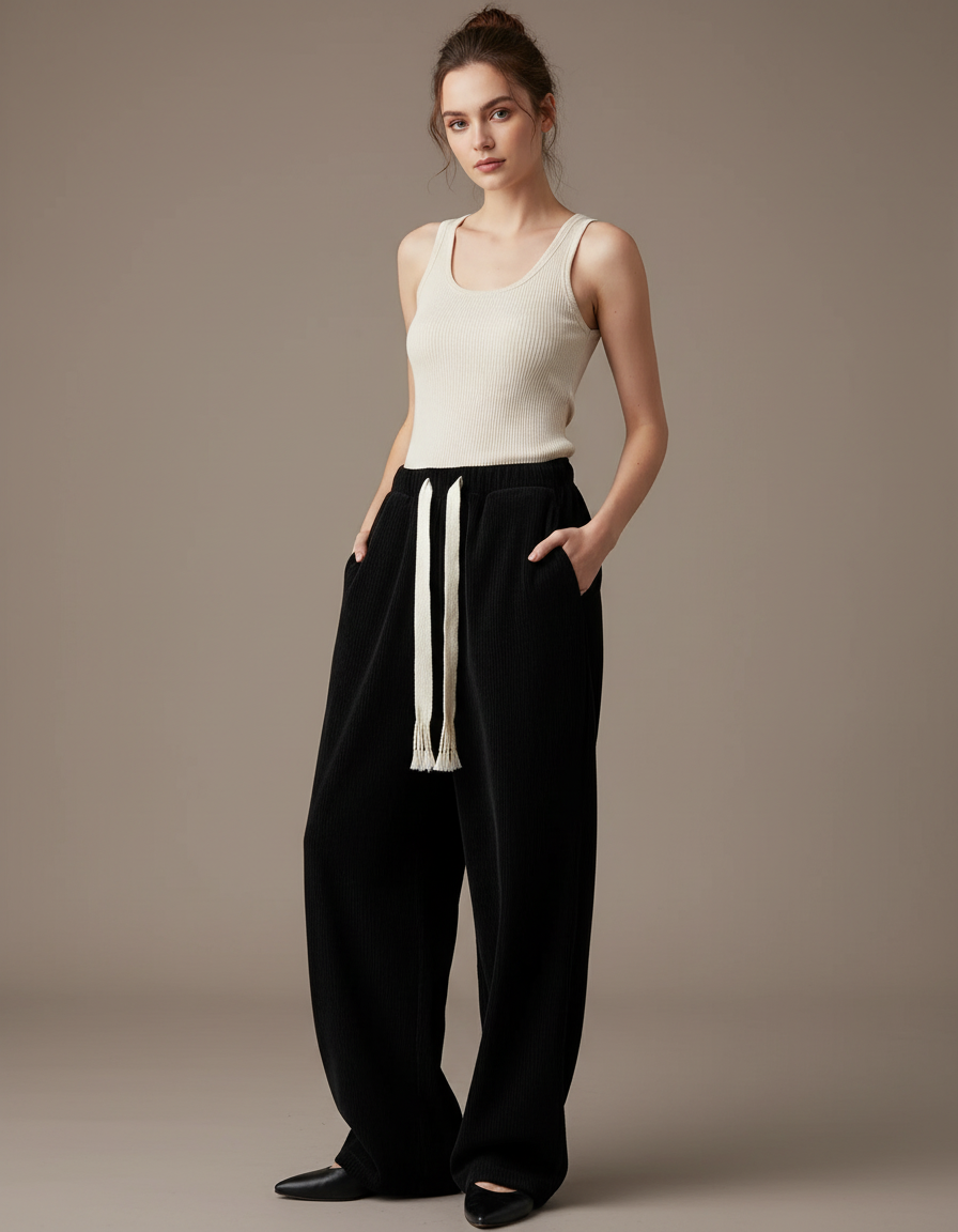 Pantalon Baggy Noir Côtelé Large Décontracté Cordon - Cordé