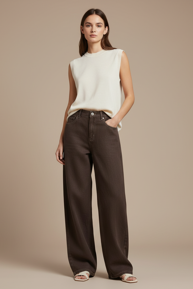 Pantalon Baggy Marron Ample Taille Haute Jean Femme