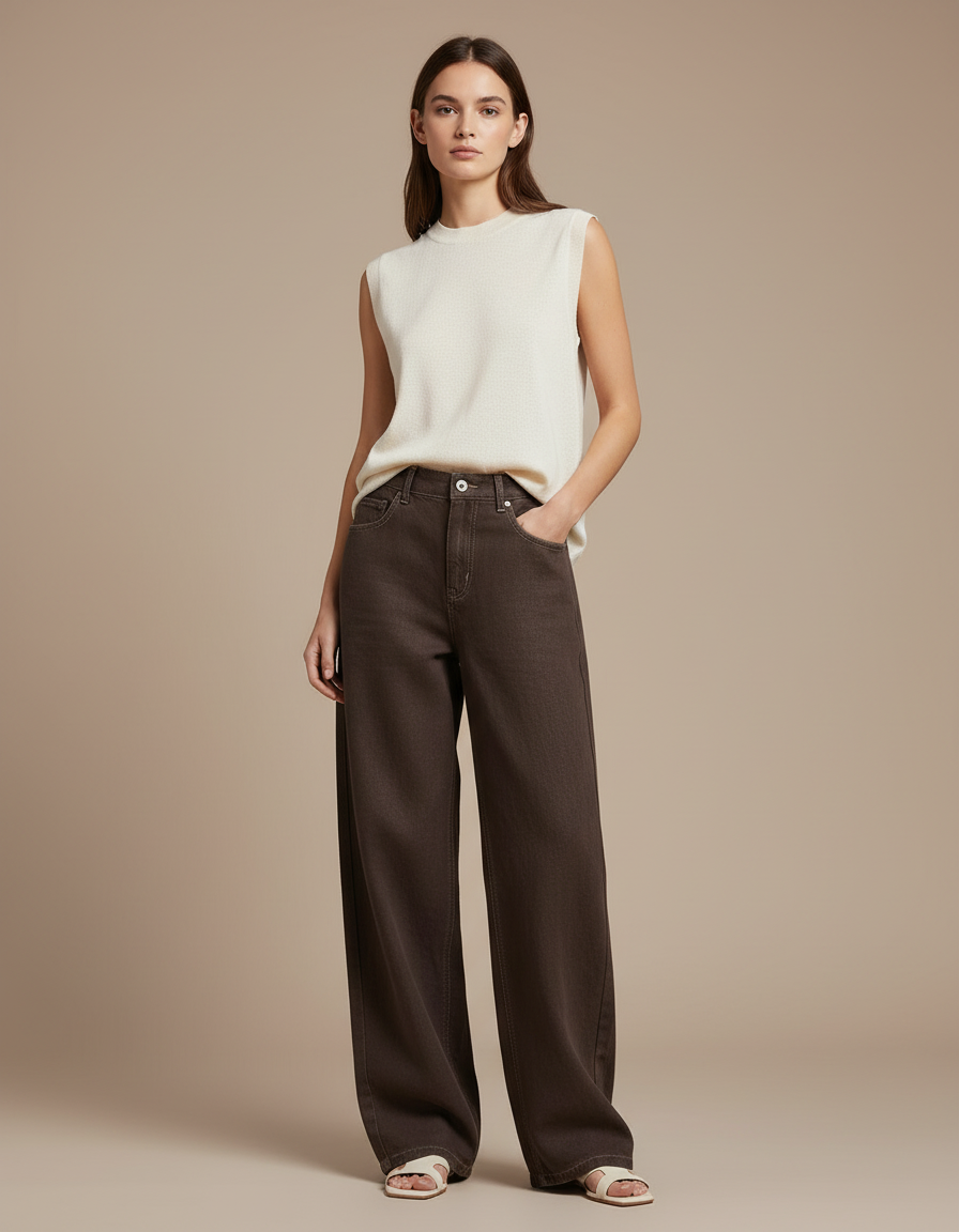 Pantalon Baggy Marron Ample Taille Haute Jean Femme