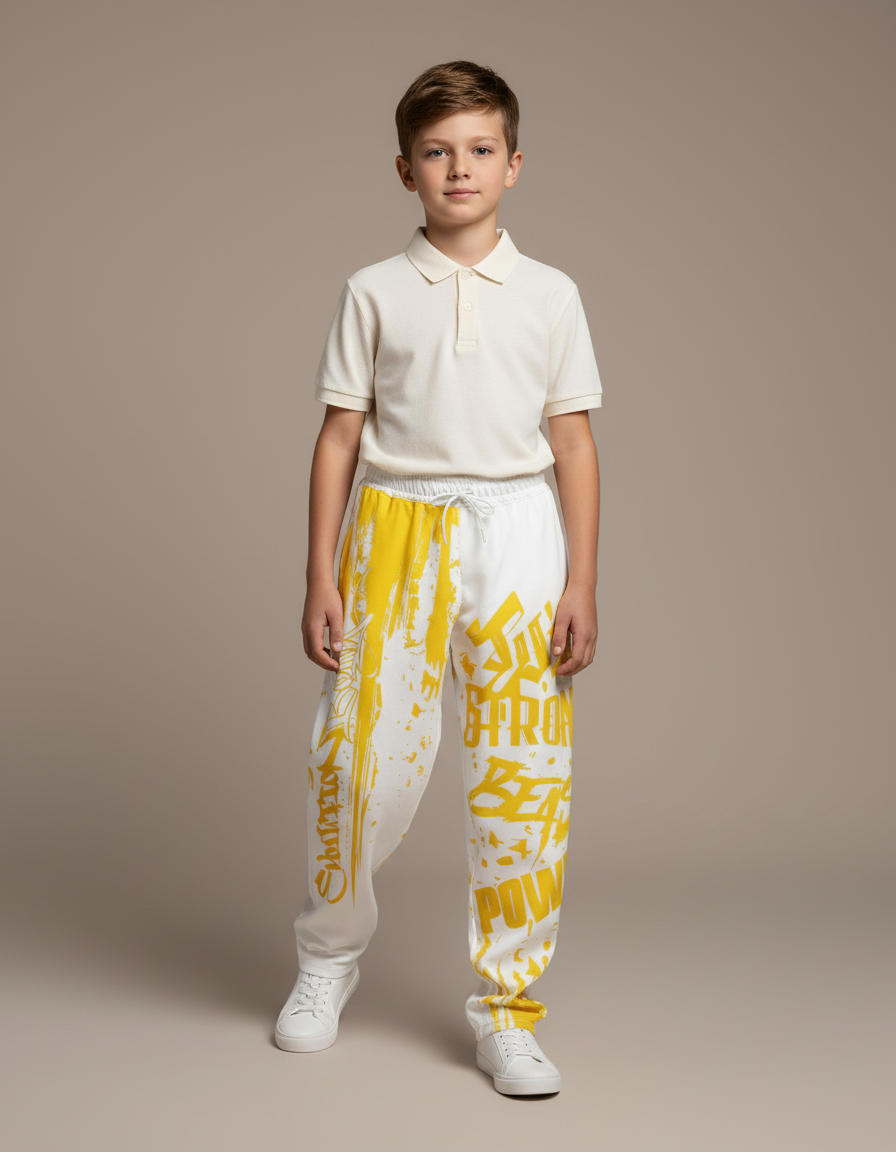 Pantalon Baggy Blanc Jaune Imprimé Décontracté Garçon - Molleton