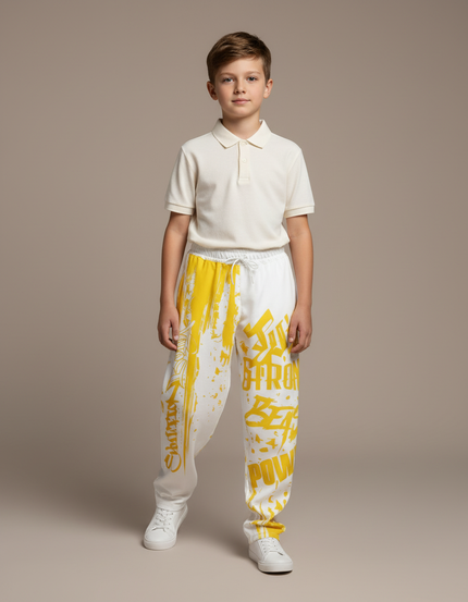 Pantalon Baggy Blanc Jaune Imprimé Décontracté Garçon - Molleton