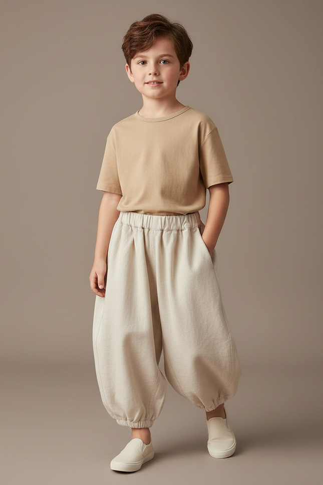 Pantalon Baggy Beige Ample Coton Enfant Uni Confortable