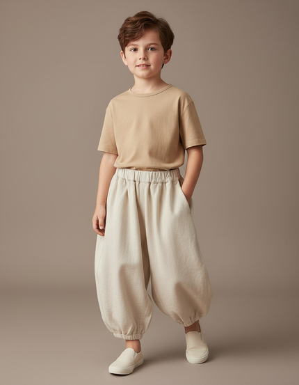 Pantalon Baggy Beige Ample Coton Enfant Uni Confortable
