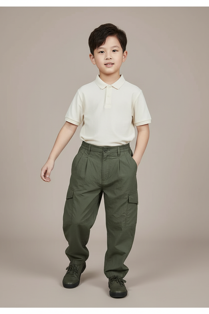 Pantalon Baggy Vert Militaire Ample Plissé Enfant - Kaki Polyester