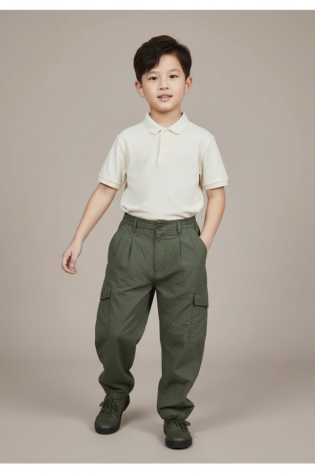 Pantalon Baggy Vert Militaire Ample Plissé Enfant - Kaki Polyester