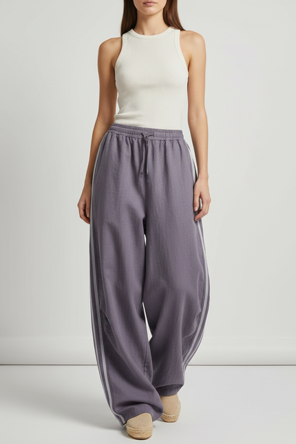 Pantalon Baggy Gris Rayures Ample Décontracté Cordon - Lin